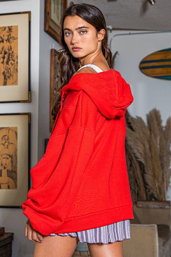 French Terry Zip Pullover Hoodie in Red