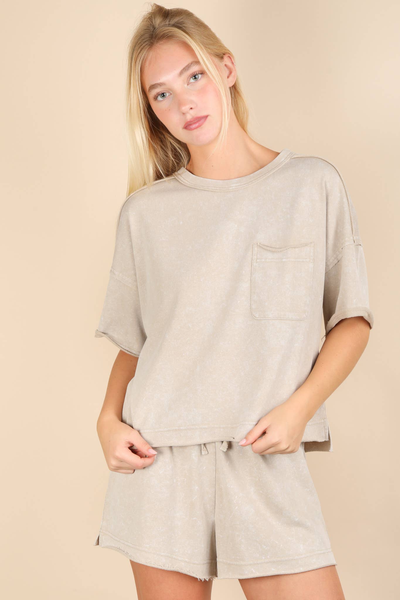Mineral Washed Comfy Knit Top & Shorts Set