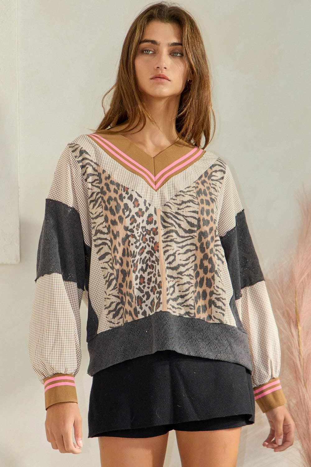 Animal Print V-neck Sweatshirt Top