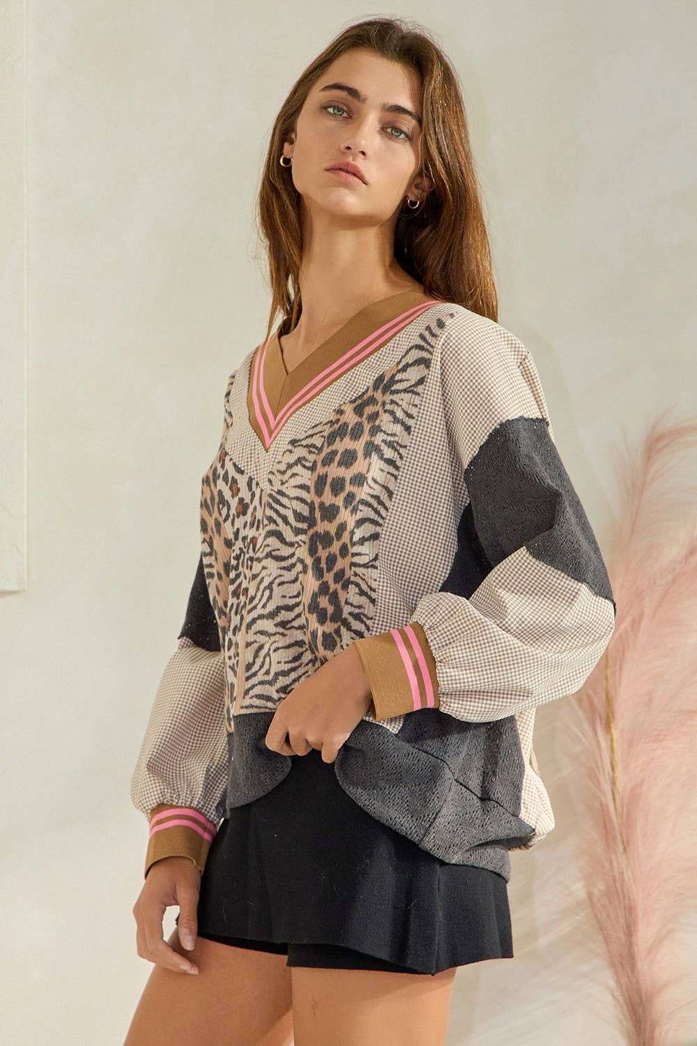 Animal Print V-neck Sweatshirt Top