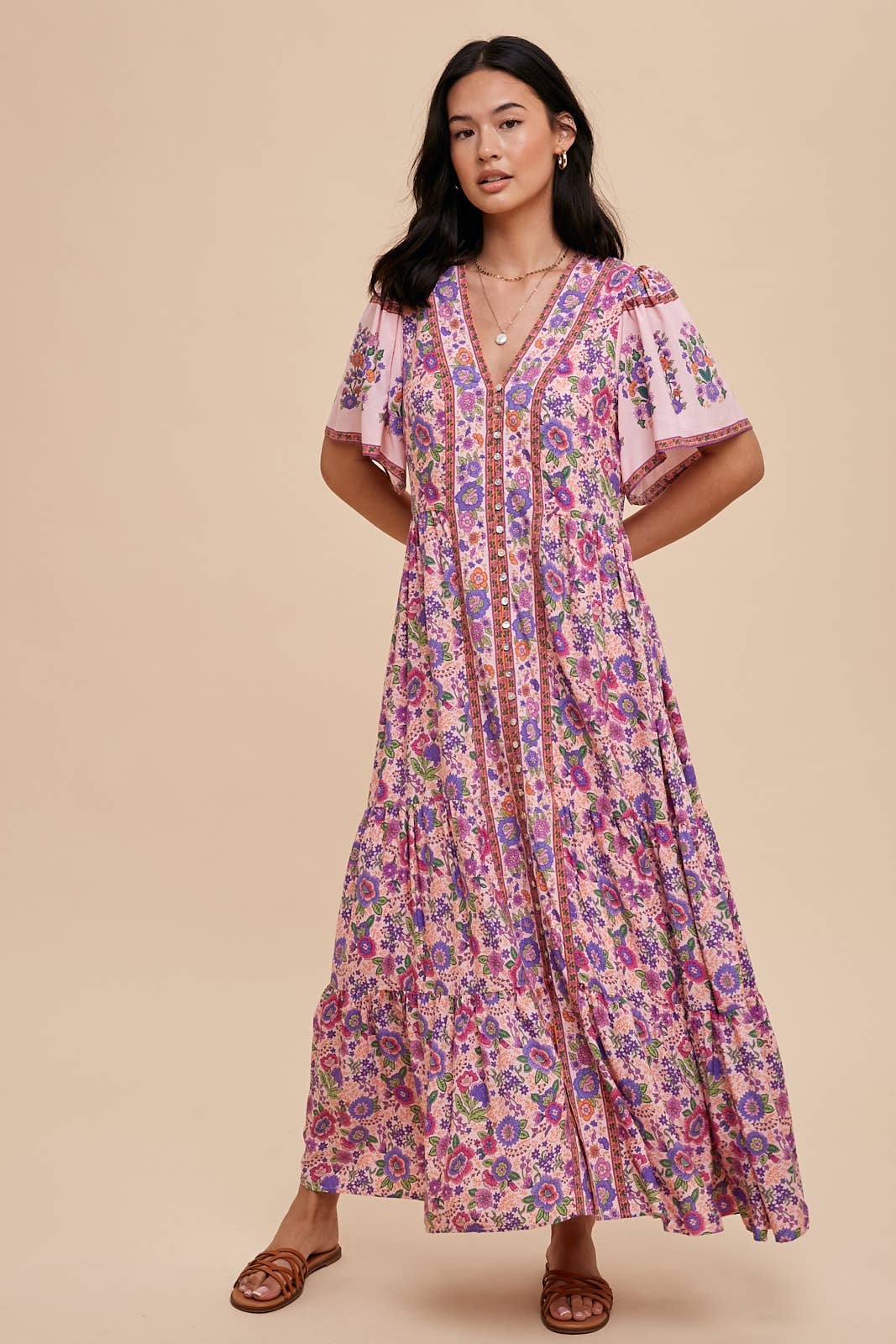 BORDER PRINT BUTTON FRONT MIDI DRESS