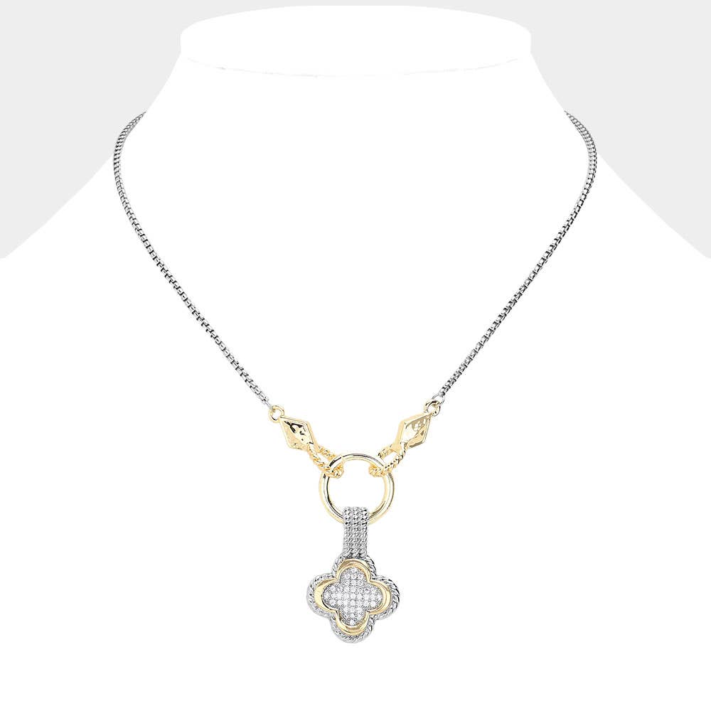 14K Gold Plated Two Tone CZ Quatrefoil Pendant Necklace