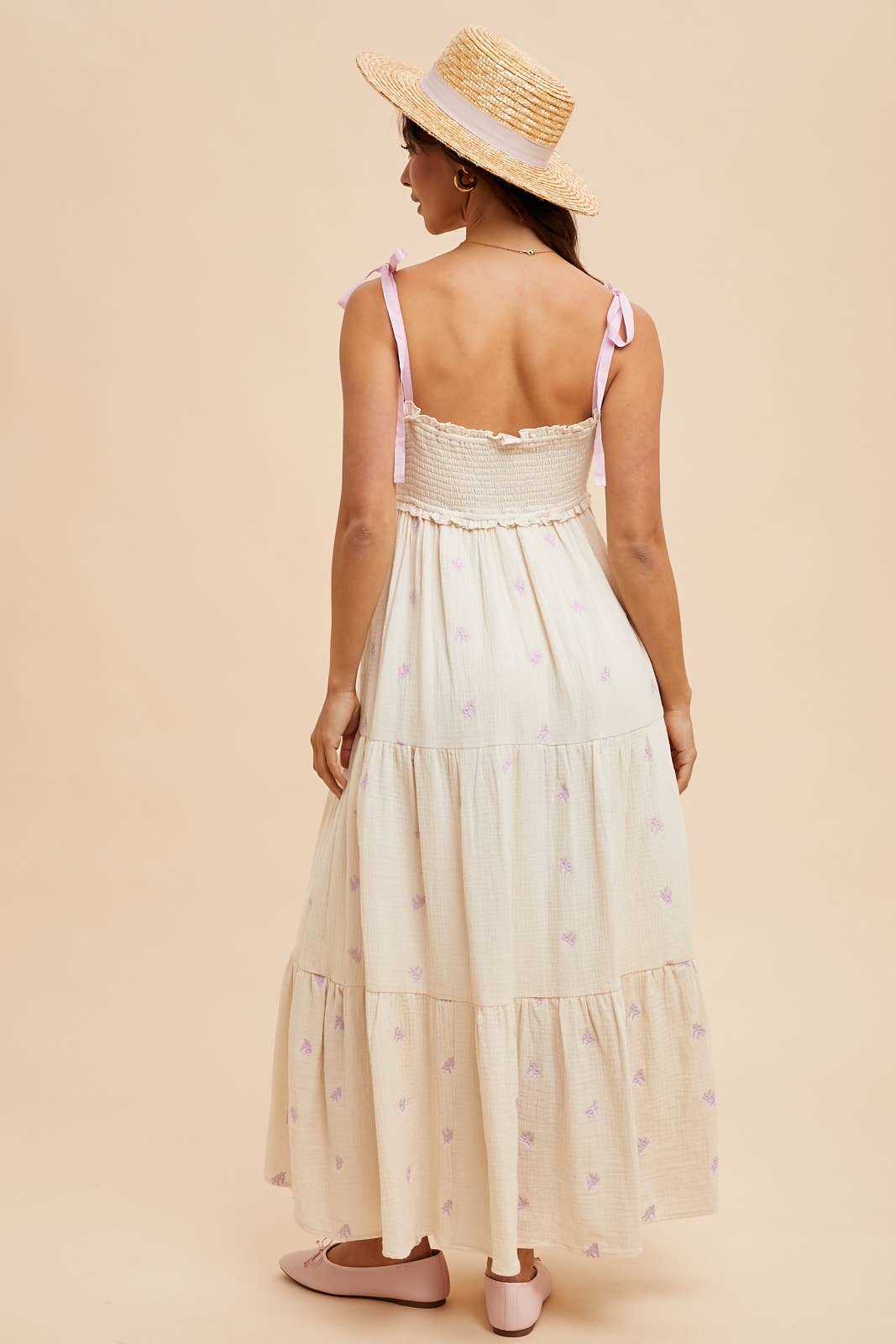 SMOCKED EMBROIDERED GAUZE MAXI