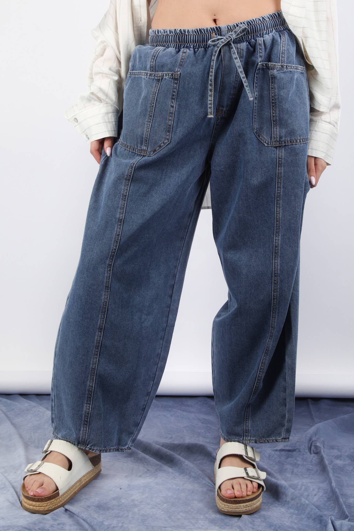 Washed Chambray Barrel Denim Pants