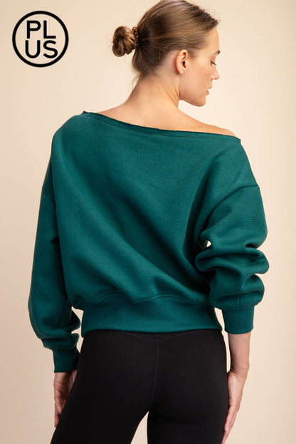 PLUS SIZE FRENCH TERRY FLEECE OFF SHOULDER SWEATSHIRT