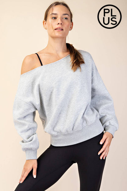 PLUS SIZE FRENCH TERRY FLEECE OFF SHOULDER SWEATSHIRT