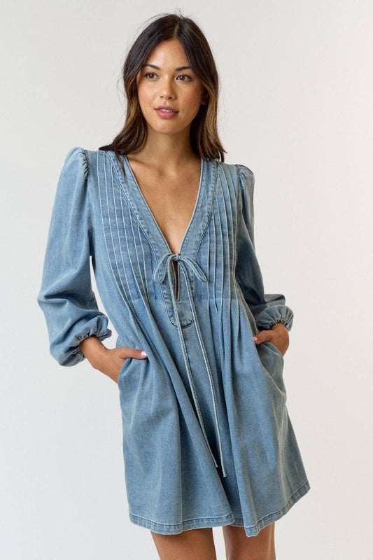 Chrissy Pleated DENIM ROMPER W/ POCKETS