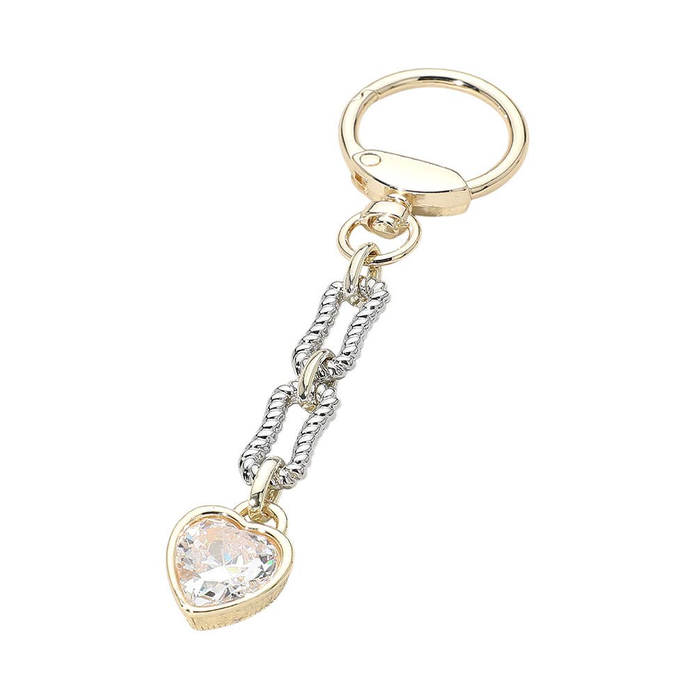 14K Gold Plated Two Tone Heart CZ Stone Drop Keychain Bag Charm
