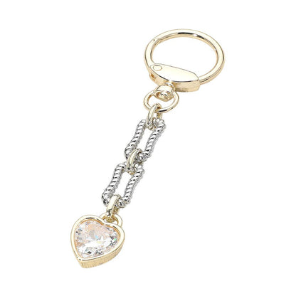 14K Gold Plated Two Tone Heart CZ Stone Drop Keychain Bag Charm