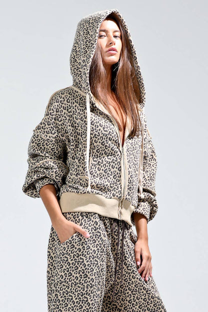 Leopard print contrast rib jacket