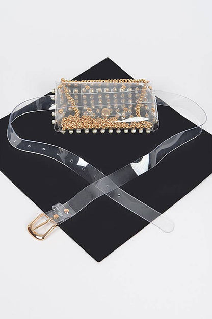 Rhinestone Clear Belt Bag W/Chain