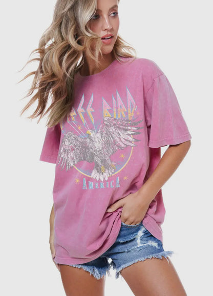 Free Bird Graphic Tee in Grey Denim & Pink