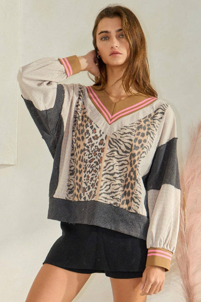 Animal Print V-neck Sweatshirt Top
