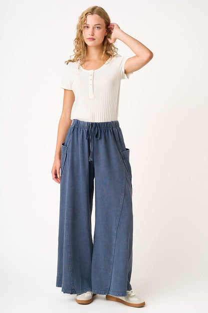 MINERAL WASH DROPPED SIDE POCKET WIDE LEG PANTS