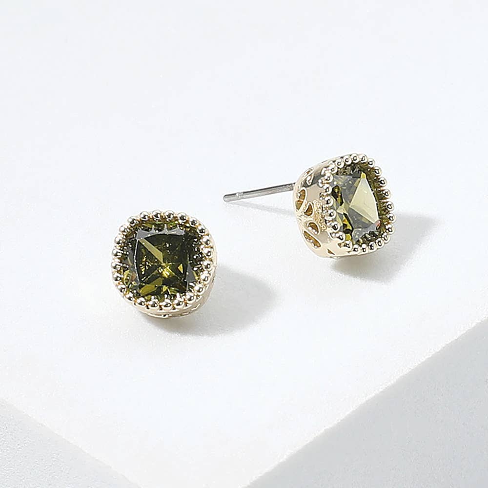 14K Gold Plated Green Square CZ Stone Stud Earrings