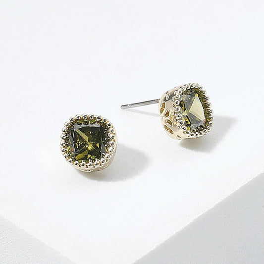 14K Gold Plated Green Square CZ Stone Stud Earrings