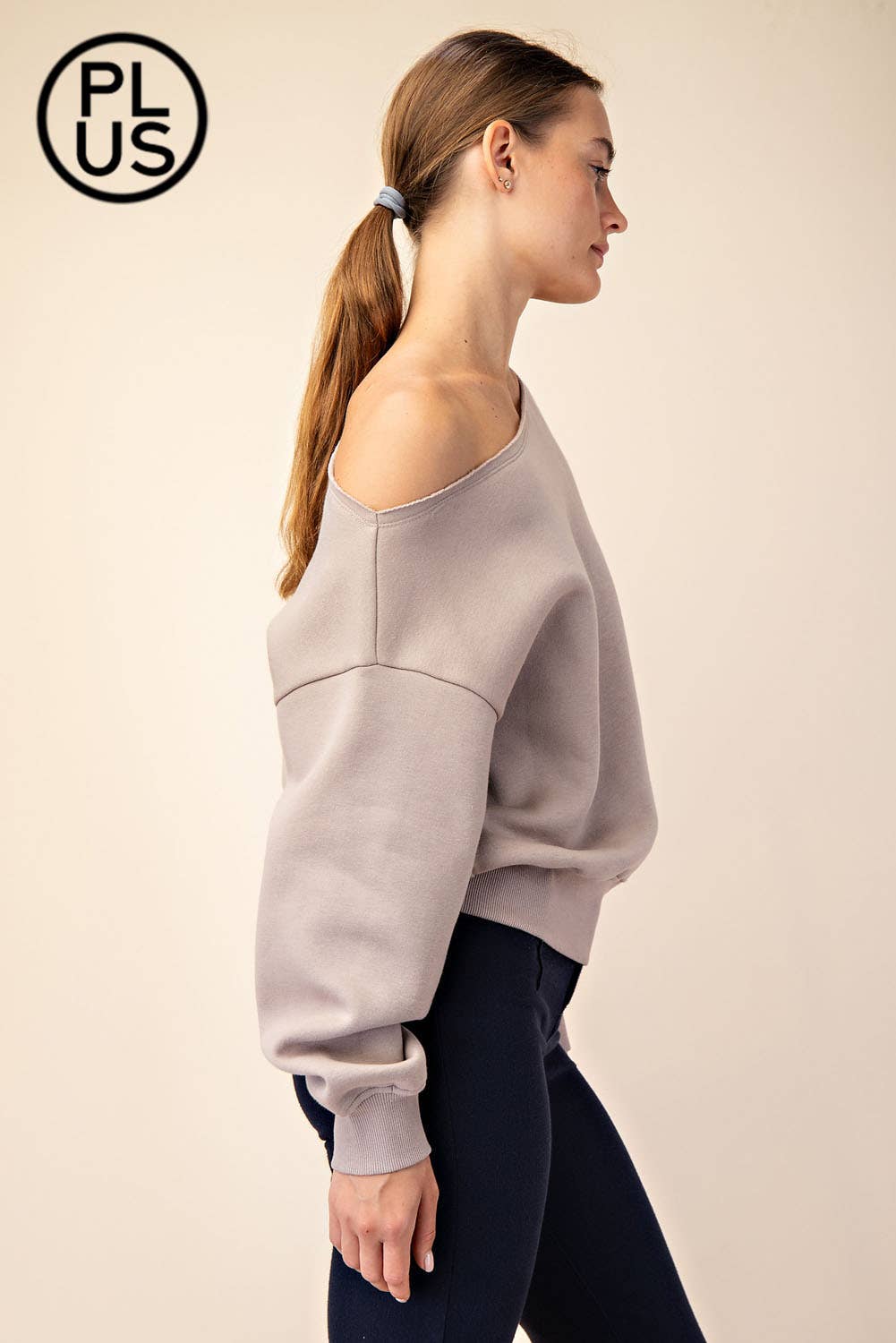 PLUS SIZE FRENCH TERRY FLEECE OFF SHOULDER SWEATSHIRT
