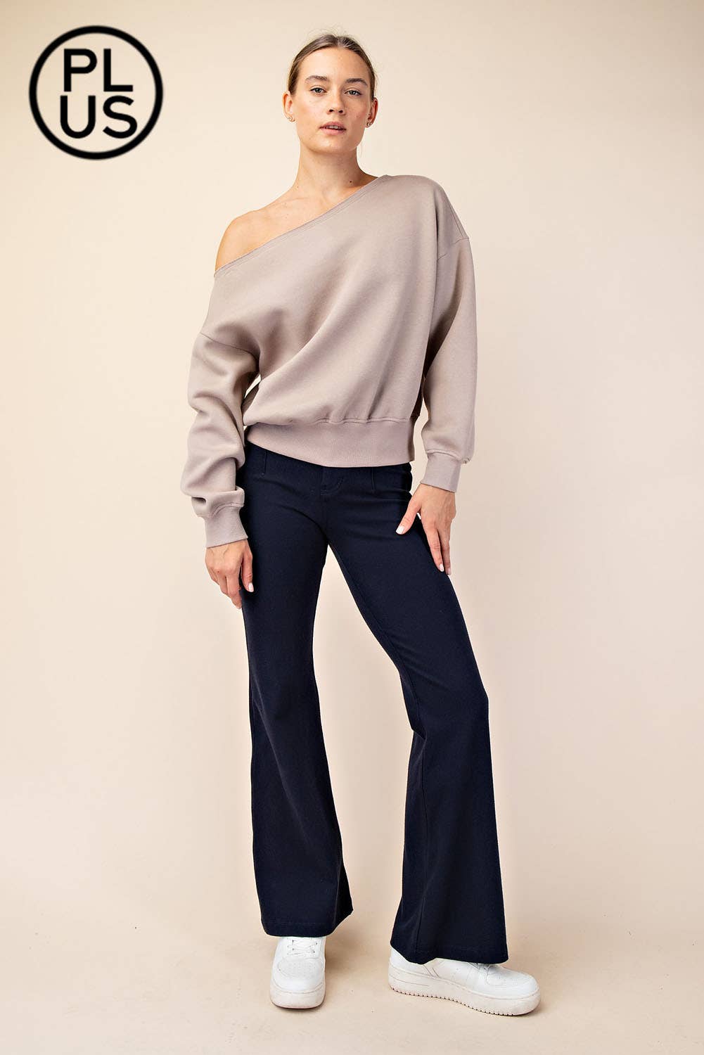 PLUS SIZE FRENCH TERRY FLEECE OFF SHOULDER SWEATSHIRT