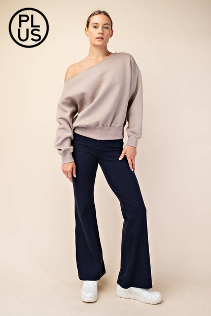 PLUS SIZE FRENCH TERRY FLEECE OFF SHOULDER SWEATSHIRT