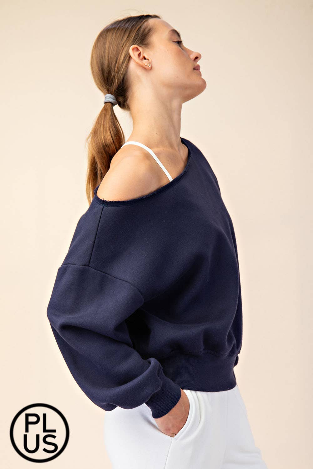 PLUS SIZE FRENCH TERRY FLEECE OFF SHOULDER SWEATSHIRT