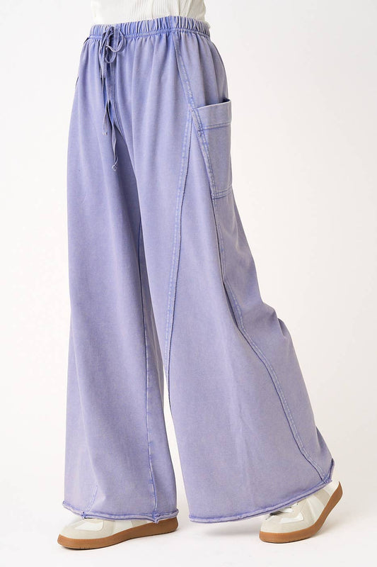 MINERAL WASH DROPPED SIDE POCKET WIDE LEG PANTS
