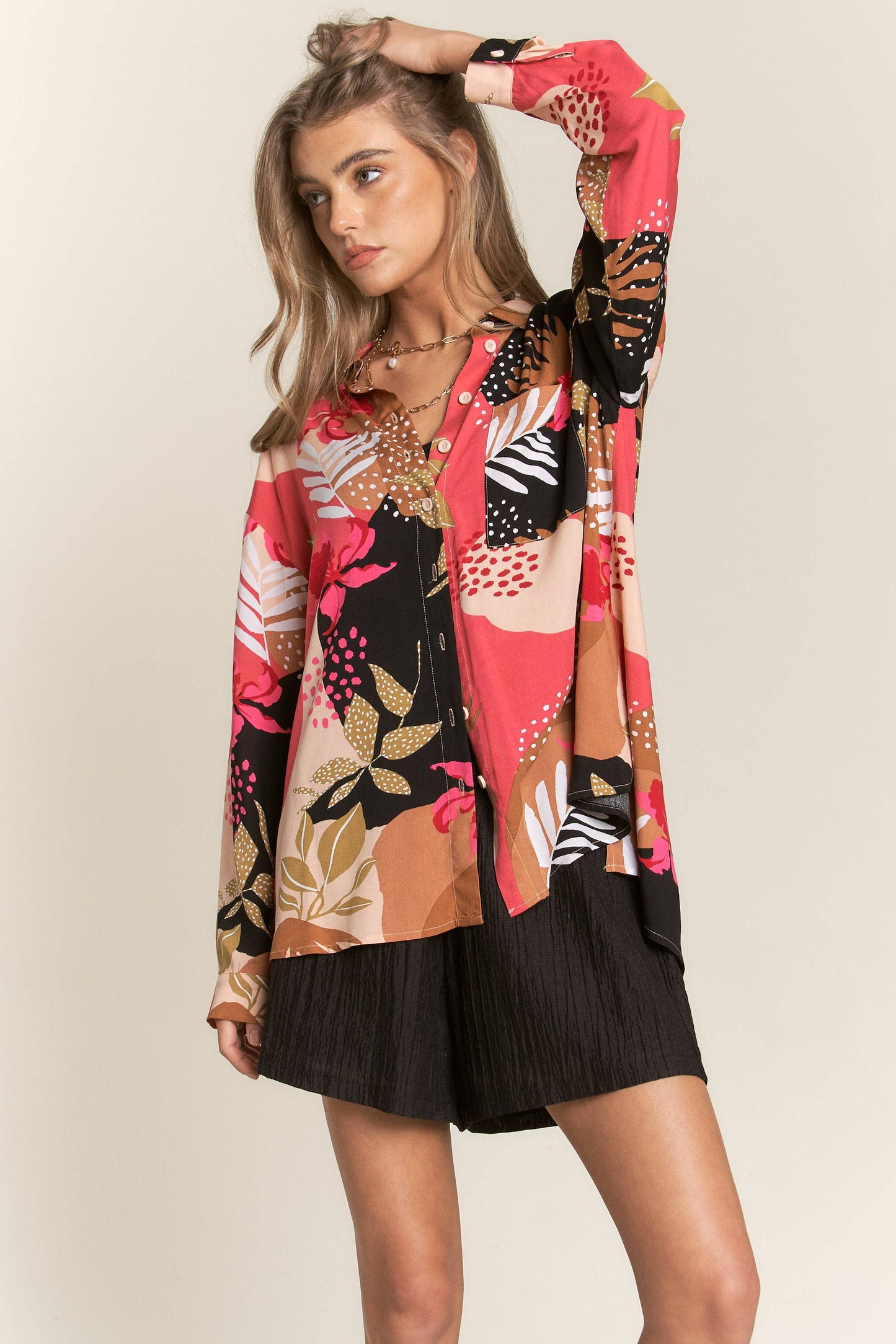 Floral Leaf Abstract Challis Blouse