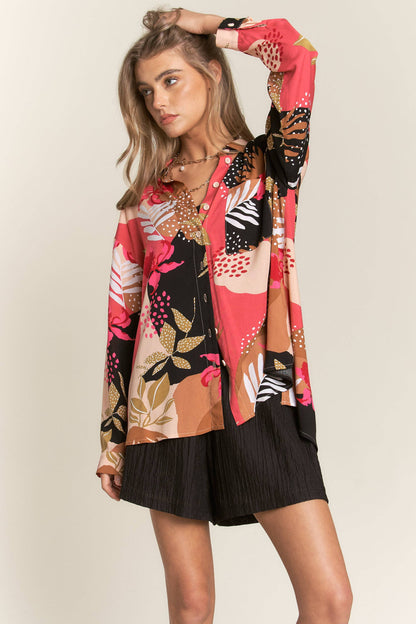 Floral Leaf Abstract Challis Blouse