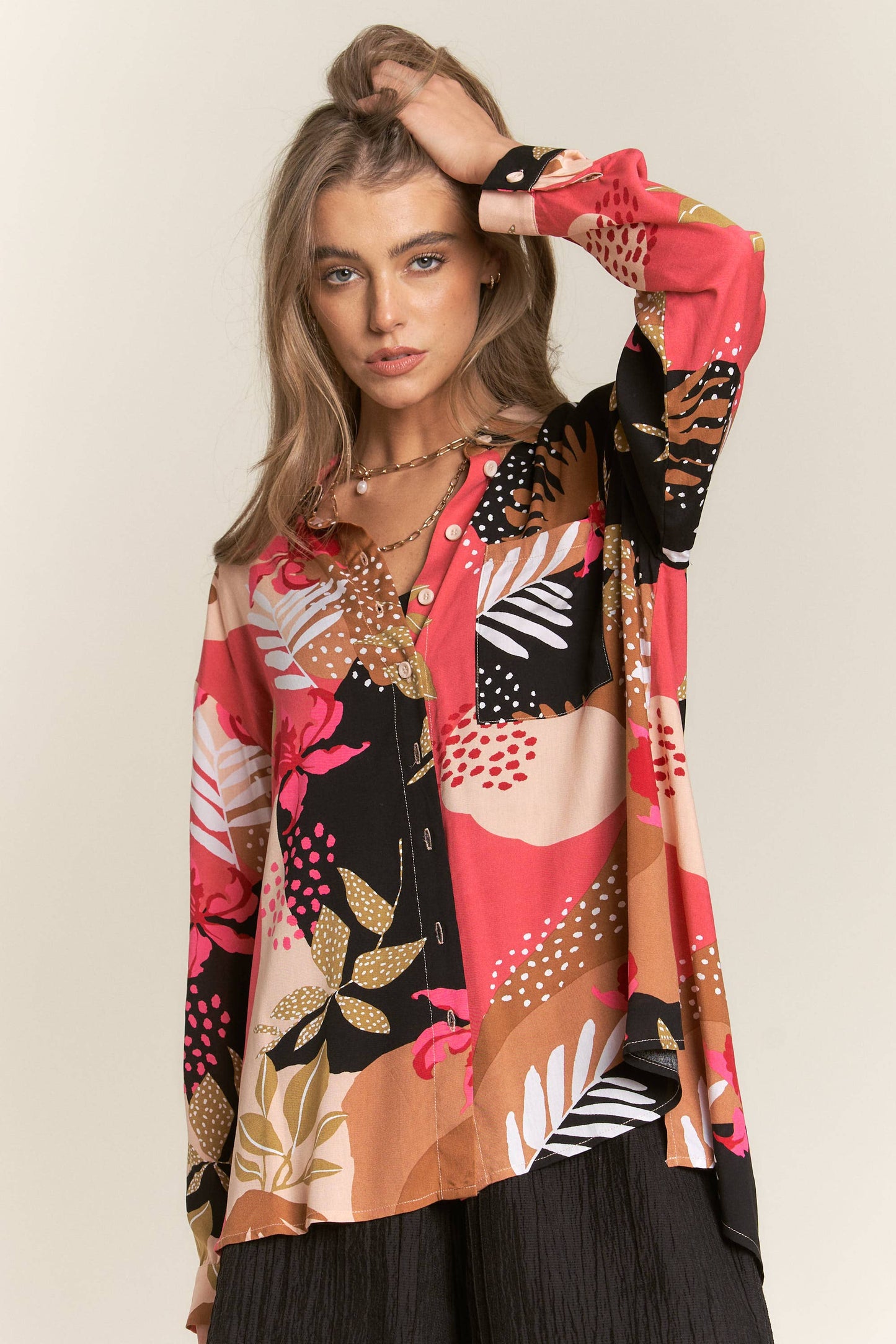 Floral Leaf Abstract Challis Blouse