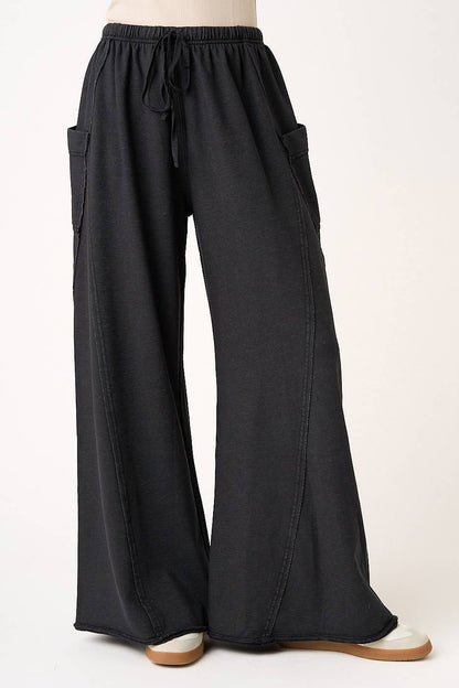 MINERAL WASH DROPPED SIDE POCKET WIDE LEG PANTS