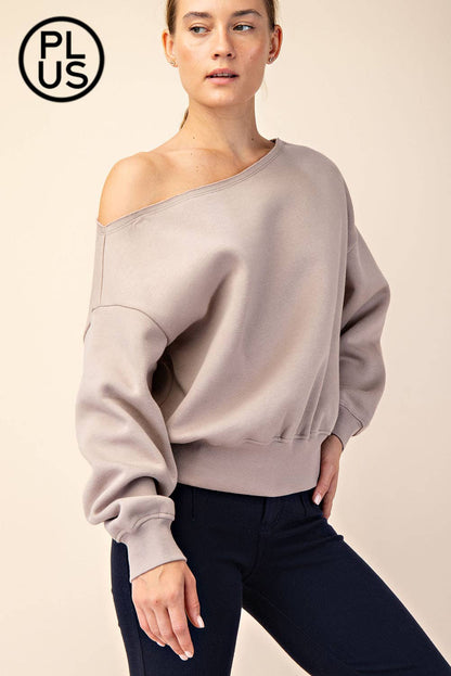 PLUS SIZE FRENCH TERRY FLEECE OFF SHOULDER SWEATSHIRT