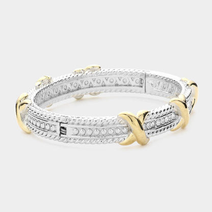 Stone Paved Two Tone Crisscross Bangle Bracelet