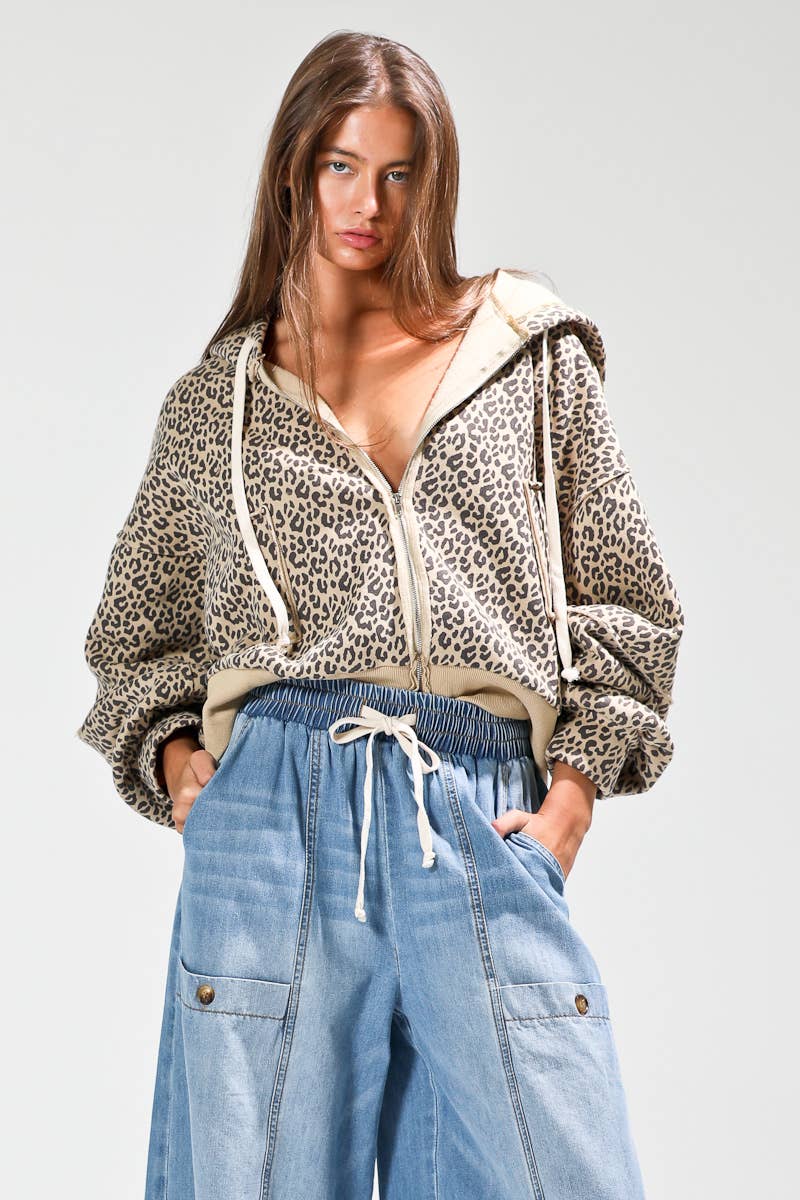 Leopard print contrast rib jacket