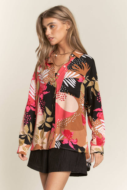 Floral Leaf Abstract Challis Blouse