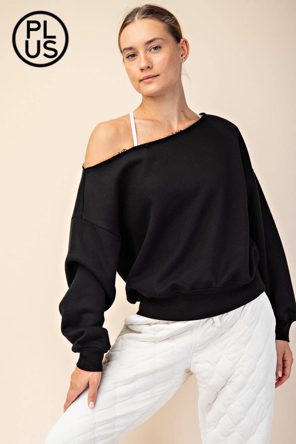 PLUS SIZE FRENCH TERRY FLEECE OFF SHOULDER SWEATSHIRT