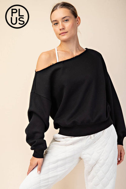 PLUS SIZE FRENCH TERRY FLEECE OFF SHOULDER SWEATSHIRT