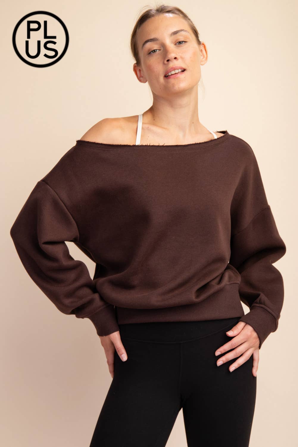 PLUS SIZE FRENCH TERRY FLEECE OFF SHOULDER SWEATSHIRT