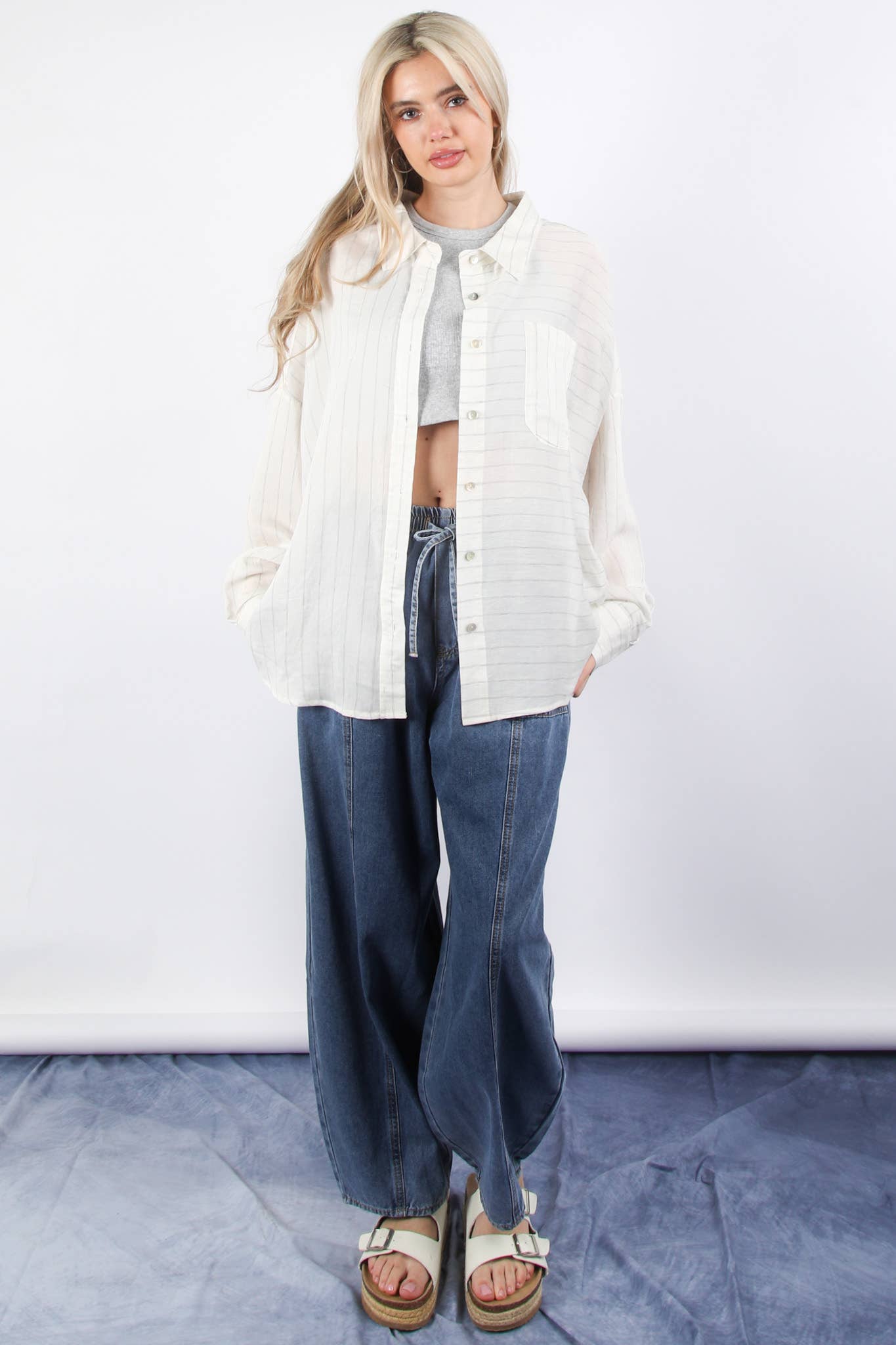 Washed Chambray Barrel Denim Pants
