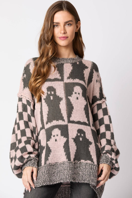 Oversized Sweater with Halloween Ghost Checker