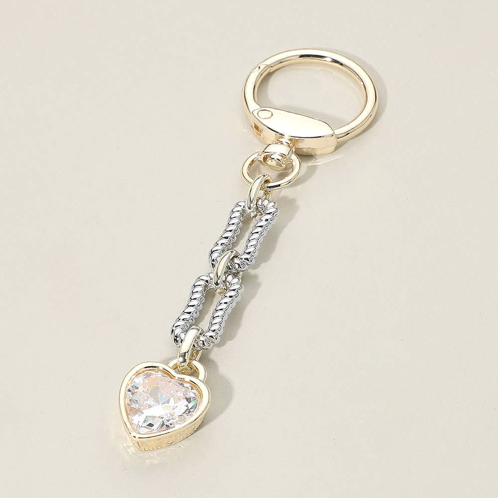 14K Gold Plated Two Tone Heart CZ Stone Drop Keychain Bag Charm