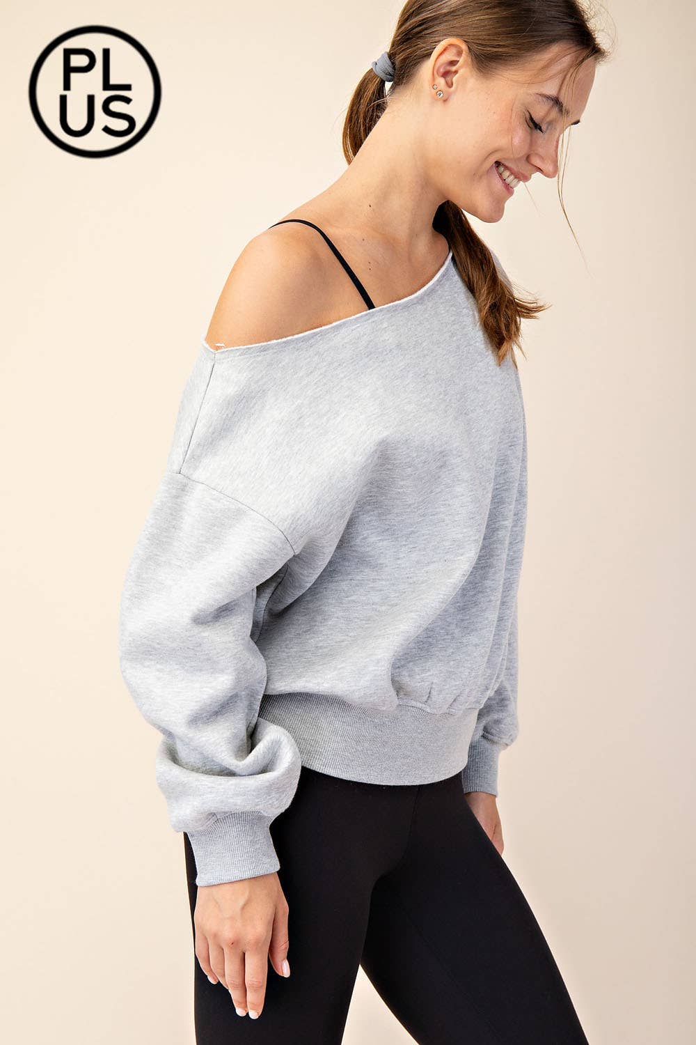PLUS SIZE FRENCH TERRY FLEECE OFF SHOULDER SWEATSHIRT