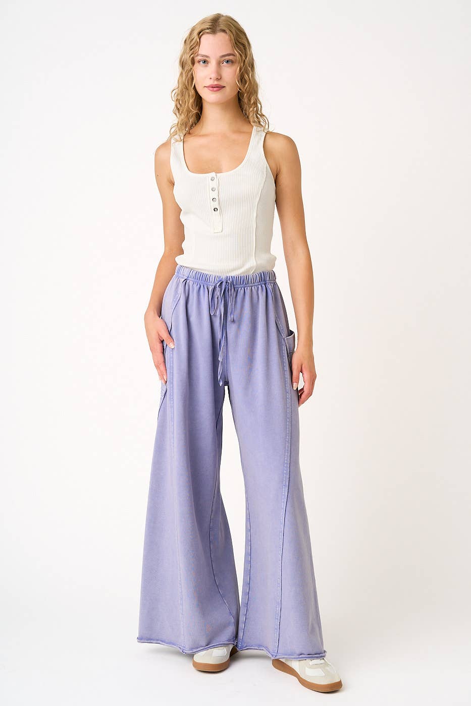MINERAL WASH DROPPED SIDE POCKET WIDE LEG PANTS