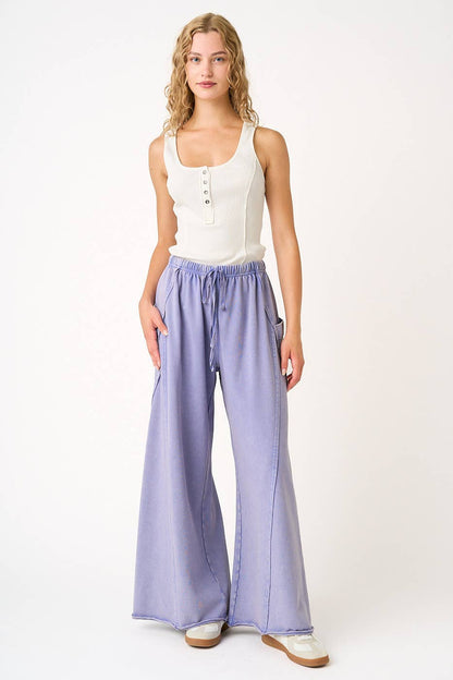 MINERAL WASH DROPPED SIDE POCKET WIDE LEG PANTS