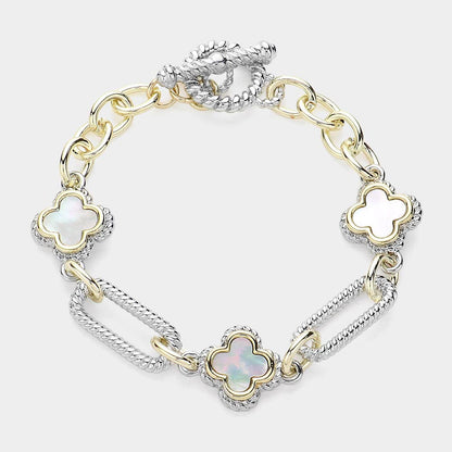 14K Gold Plated Two Tone Quatrefoil Link Toggle Bracelet