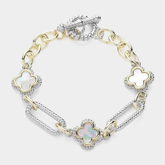 14K Gold Plated Two Tone Quatrefoil Link Toggle Bracelet