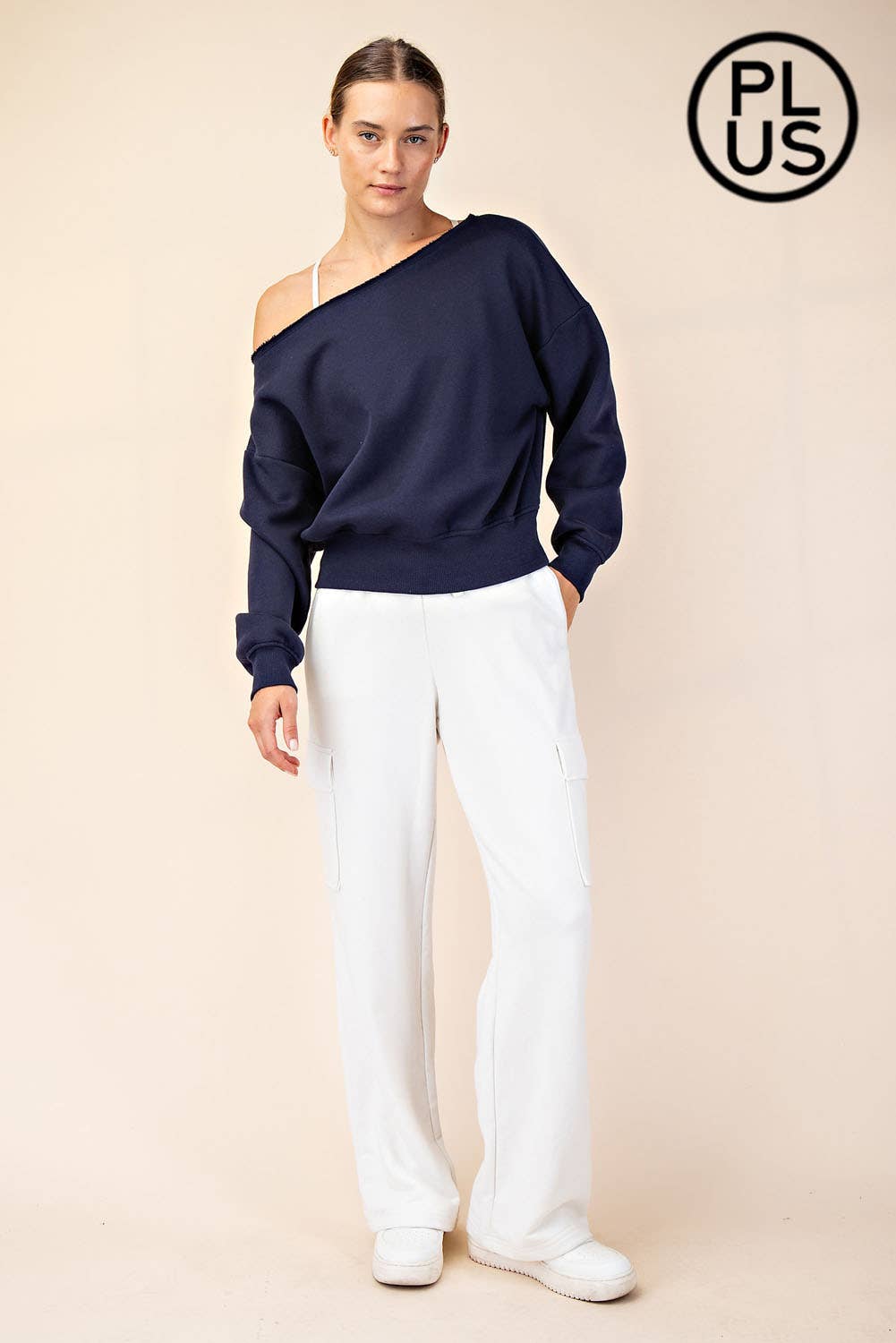 PLUS SIZE FRENCH TERRY FLEECE OFF SHOULDER SWEATSHIRT