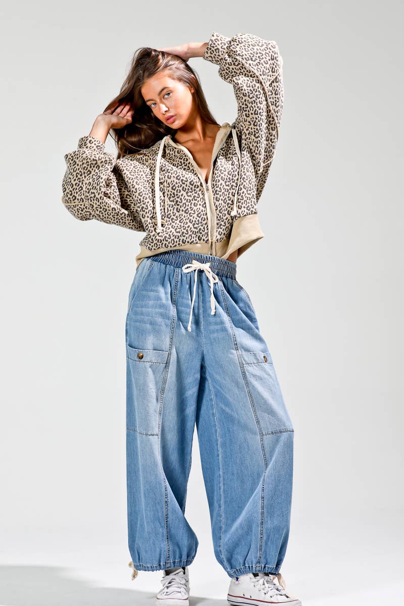 Elastic waist denim barrel pants