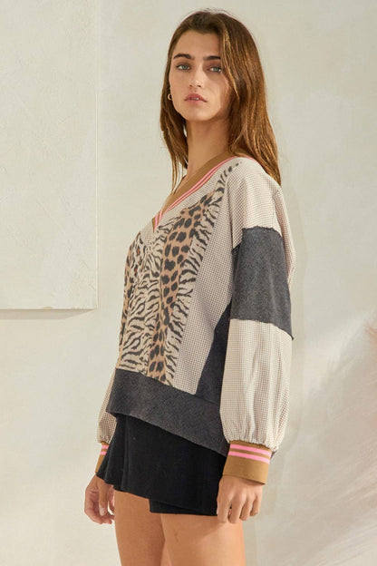 Animal Print V-neck Sweatshirt Top