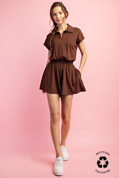BUTTER SHORT SLEEVE QUARTER ZIP ROMPER