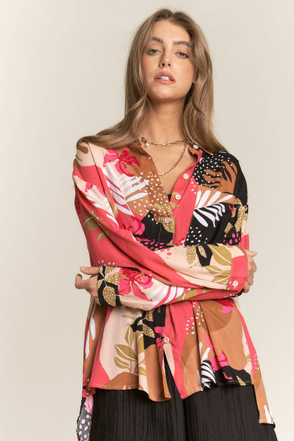 Floral Leaf Abstract Challis Blouse