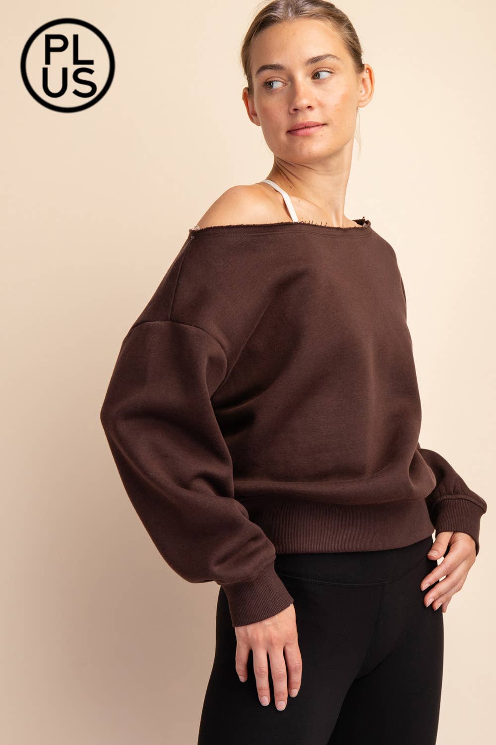 PLUS SIZE FRENCH TERRY FLEECE OFF SHOULDER SWEATSHIRT
